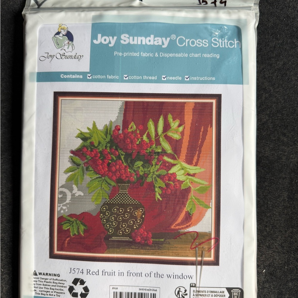 “Red fruit In Front Of Window” Stamped Cross Stitch Kit Joy Sunday Color Coded V